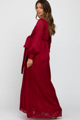 Burgundy Metallic Striped Chiffon Maternity Maxi Dress