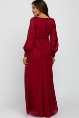 Burgundy Metallic Striped Chiffon Maternity Maxi Dress