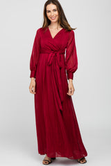 Burgundy Metallic Striped Chiffon Maternity Maxi Dress