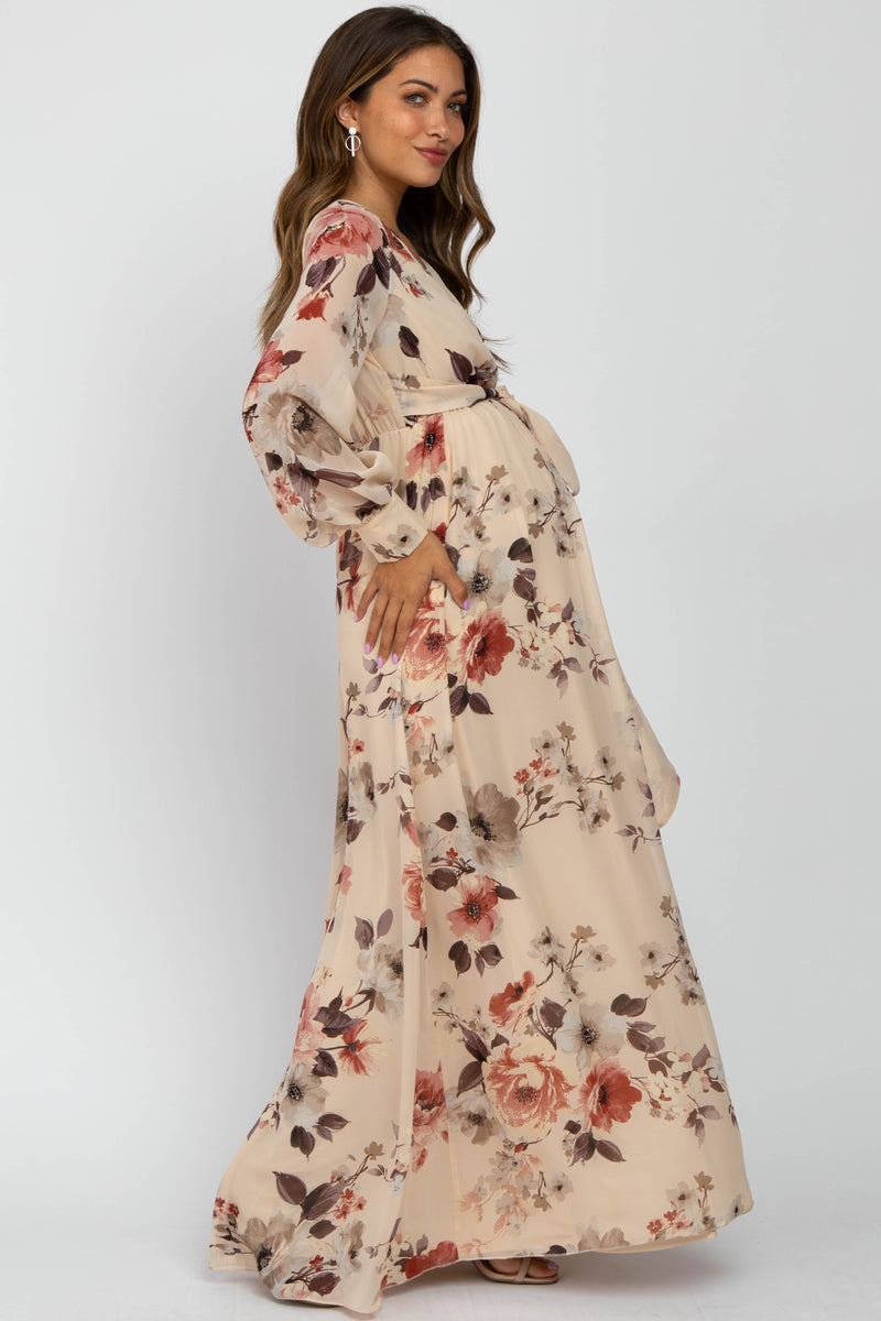 Cream Floral Chiffon Maternity Maxi Dress– PinkBlush