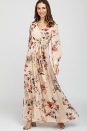 Cream Floral Chiffon Maxi Dress