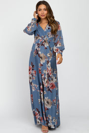 Blue Floral Chiffon Long Sleeve Pleated Maternity Maxi Dress