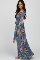 Blue Floral Chiffon Long Sleeve Pleated Maxi Dress