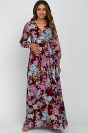 Burgundy Floral Chiffon Maternity Maxi Dress