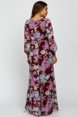 Burgundy Floral Chiffon Maternity Maxi Dress