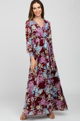 Burgundy Floral Chiffon Maternity Maxi Dress