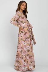 Pink Floral Chiffon Long Sleeve Pleated Maternity Maxi Dress