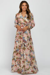 Taupe Floral Chiffon Maternity Maxi Dress