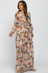 Taupe Floral Chiffon Maternity Maxi Dress