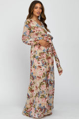 Taupe Floral Chiffon Maternity Maxi Dress