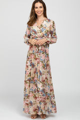 Taupe Floral Chiffon Maternity Maxi Dress