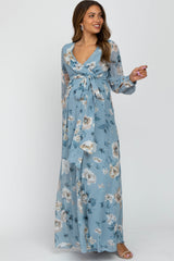 Light Blue Floral Chiffon Maternity Maxi Dress