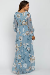 Light Blue Floral Chiffon Maternity Maxi Dress