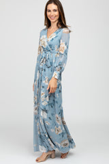 Light Blue Floral Chiffon Maxi Dress