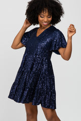 Navy Blue Sequin Tiered Short Sleeve Maternity Dress