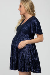 Navy Blue Sequin Tiered Short Sleeve Maternity Dress