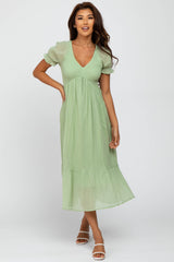 Mint Smocked Ruffle Hem Maternity Midi Dress