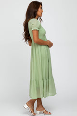 Mint Smocked Ruffle Hem Midi Dress