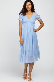 Light Blue Smocked Ruffle Hem Midi Dress