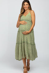 Light Olive Floral Tiered Maternity Maxi Dress