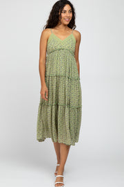 Light Olive Floral Tiered Maxi Dress