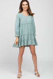 Sage Button Accent Long Sleeve Tiered Dress