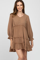 Taupe Button Accent Long Sleeve Tiered Dress