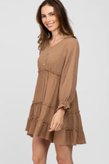 Taupe Button Accent Long Sleeve Tiered Dress