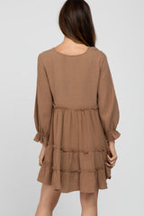 Taupe Button Accent Long Sleeve Tiered Dress