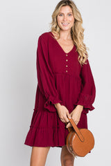 Burgundy Button Accent Long Sleeve Tiered Dress