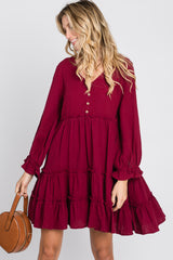 Burgundy Button Accent Long Sleeve Tiered Dress