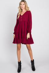 Burgundy Button Accent Long Sleeve Tiered Dress