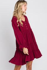 Burgundy Button Accent Long Sleeve Tiered Dress