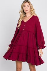 Burgundy Button Accent Long Sleeve Tiered Dress