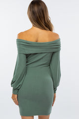 Olive Ribbed Off Shoulder Puff Sleeve Maternity Dress