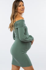 Olive Ribbed Off Shoulder Puff Sleeve Maternity Dress