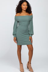 Olive Ribbed Off Shoulder Puff Sleeve Maternity Dress