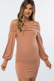 Peach Ribbed Off Shoulder Puff Sleeve Maternity Dress