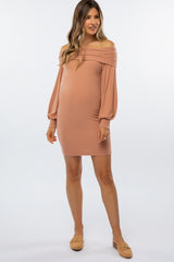 Peach Ribbed Off Shoulder Puff Sleeve Maternity Dress