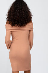 Peach Ribbed Off Shoulder Puff Sleeve Dress