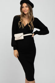 Black Ribbed Wrap Front Maternity Midi Dress