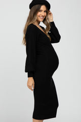 Black Ribbed Wrap Front Maternity Midi Dress