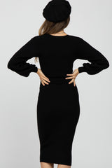 Black Ribbed Wrap Front Maternity Midi Dress