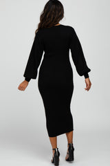 Black Ribbed Wrap Front Midi Dress