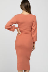 Mauve Ribbed Wrap Front Maternity Midi Dress