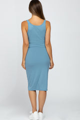 Blue Ribbed Button Accent Maternity Midi Dress