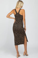 Black Animal Print Square Neck Fitted Midi Dress