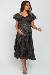 Black Floral Knot Front Ruffle Tiered Maternity Maxi Dress