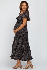 Black Floral Knot Front Ruffle Tiered Maternity Maxi Dress