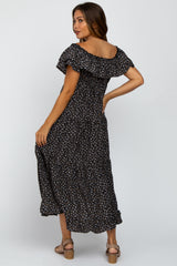 Black Floral Knot Front Ruffle Tiered Maternity Maxi Dress